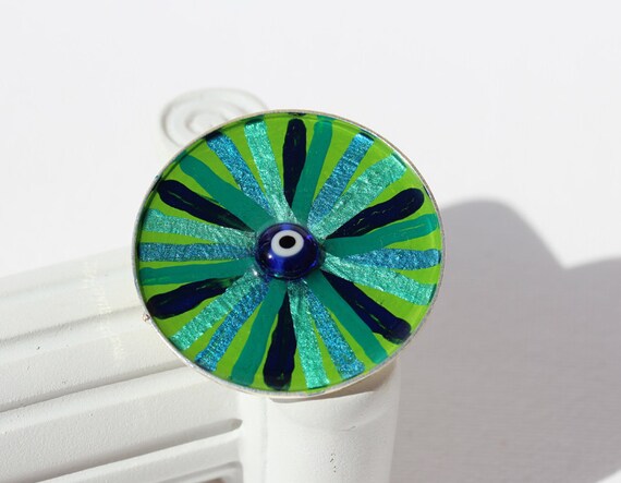 Round Brooch with Mediterranean Good Luck Mati in Bright Light Green Blue, Evil Eye Art Amulet Pin in Ocean Colors for Coat and Collar