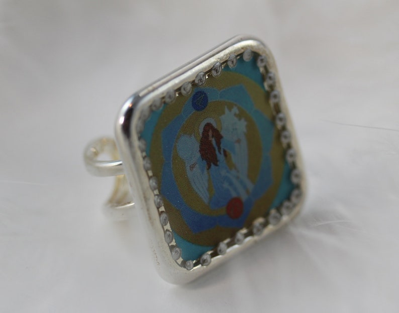 Angeloudia Ring 9-204 Gabriel Guardian Angel Archangel light sky blue angelic icon style lotos flower chakra jewellery