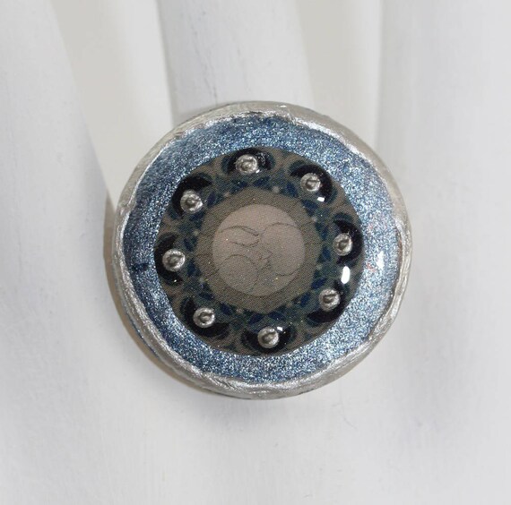 Unique Ring with Full Moon Face Icon on Silver Blue Background, One of a Kind Lunar Cycle Mandala Jewelry for Her, Gift Idea for Young Woman