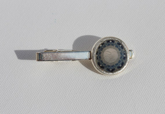 Unique Tie Clip with Moon Mandala in Gray Blue Silver, Shirt Accessory and Gift for Men, Celestial Jewelry for Him