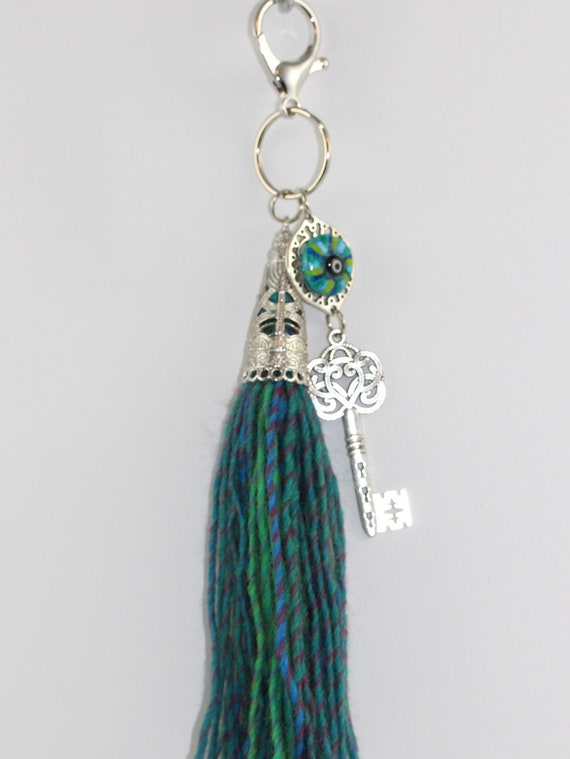 Filigree Key Zipper Clasp with Mati and Tassel, Romantic Evil Eye Art Purse Charm or Key Fob, Good Luck Gift for New Year or Housewarming