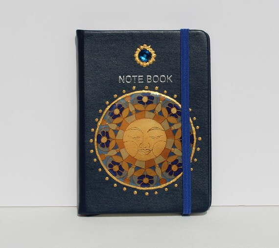 Note Book with Maya Art Sun in Dark Blue Gold, Dream Diary or Travel Journal, Sunshine Mandala Wish Agenda, Gift for Journalling or Writer