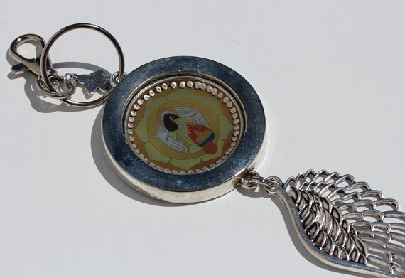 Impressive Key Fob with Chunky Wing and Archangel Uriel Pendant, Angel of Inspiration Purse Charm, Unique Keychain Good Luck Gift for Her