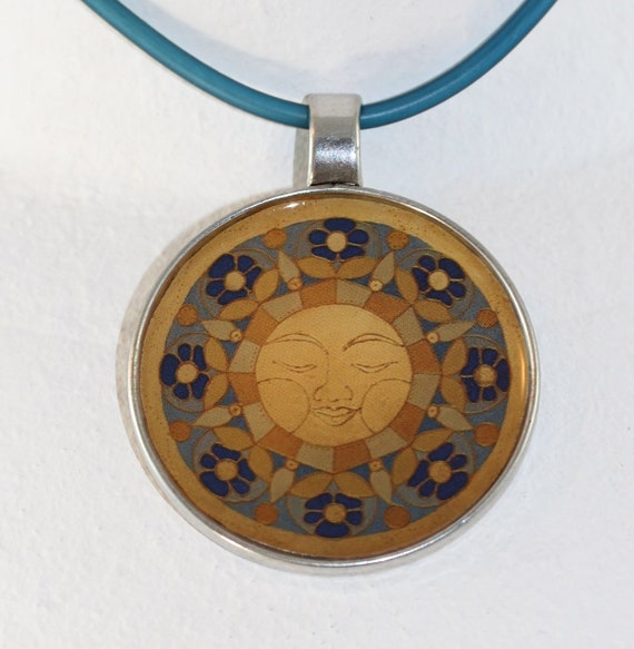 Sportive Necklace with Chunky Yellow Blue Sun Pendant on Rubber Cord, Maya Inca Sushine Mandala Jewelry and Gift Idea for Him and Her