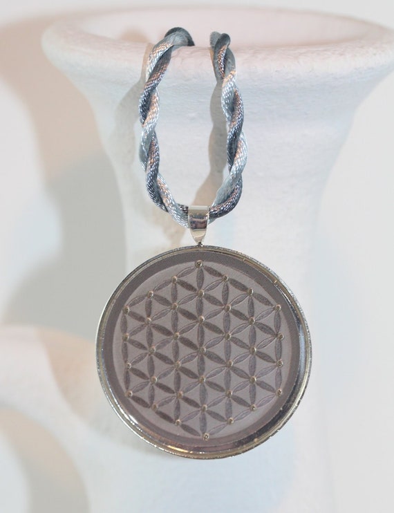 Necklace with Flower of Life Pendant in Gray Silver Beige on Twisted Silky Cord, Elegant Spiritual Jewelry or Gift with Good Vibes for Women