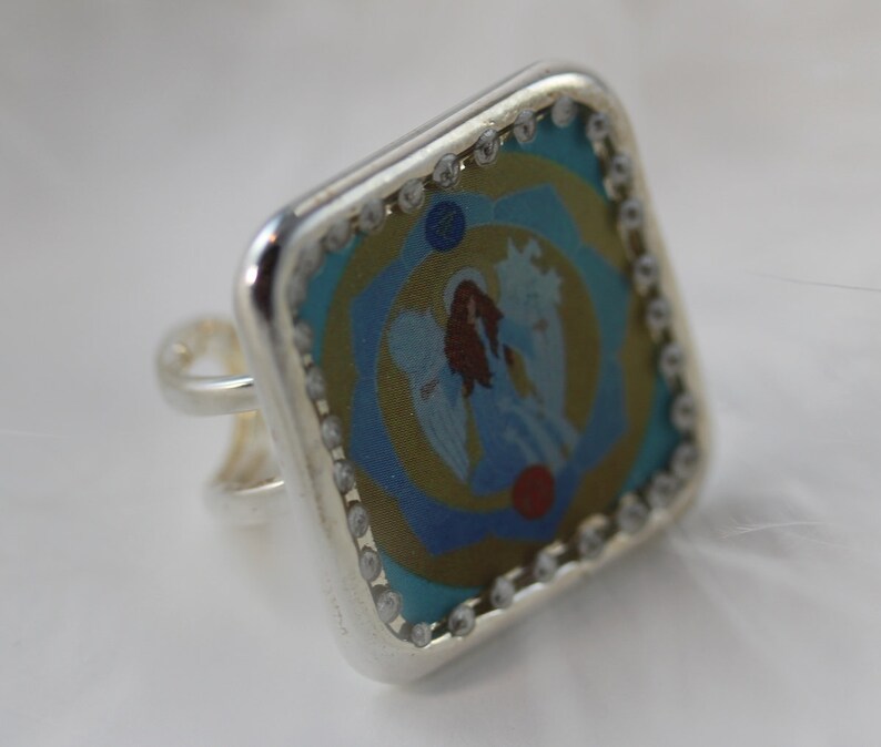 Angeloudia Ring 9-204 Gabriel Guardian Angel Archangel light sky blue angelic icon style lotos flower chakra jewellery