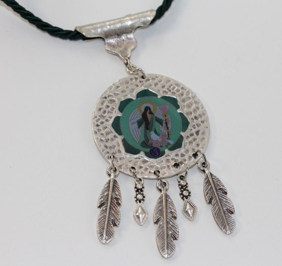 Angel Necklace with Dream Catcher Pendant in Green Silver , Archangel Raphael Boho Style Jewelry and Unique Gift for Her