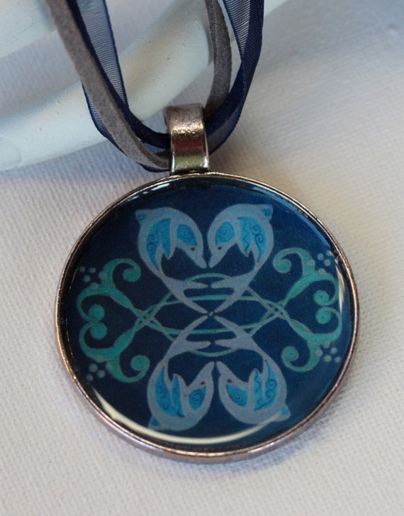 Necklace with Dolfin Mandala in Round Pendant on Cord of Suede and Silk, Coastal Vibes Artistic Dolphin Jewelry for Her in Dark Blue Grey