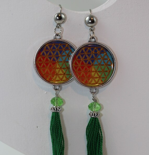 Colorful Boho Style Earrings with Tassels and Flower of Life, Chakra Color Sacred Geometry Lotus Flower Ear Hangers, Rainbow Warrior Gift