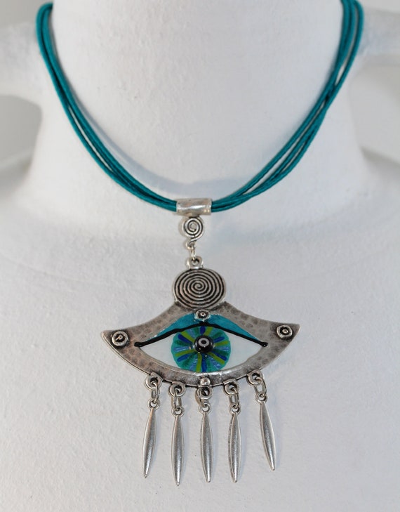 Unique Minoan Greek Style Evil Eye Art Necklace in Teal Turquoise Blue, Festive Boho or Bellydance Jewelry for Woman, Good Luck Charm Gift