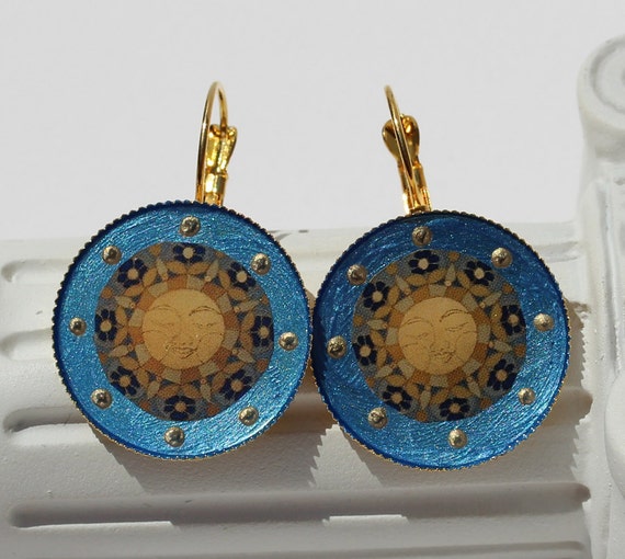Earrings with Maya Sun Disc in Blue Yellow Gold, Festive Boho Style Mandala Jewelry and Gift Idea for Women, Sunshine Earhangers