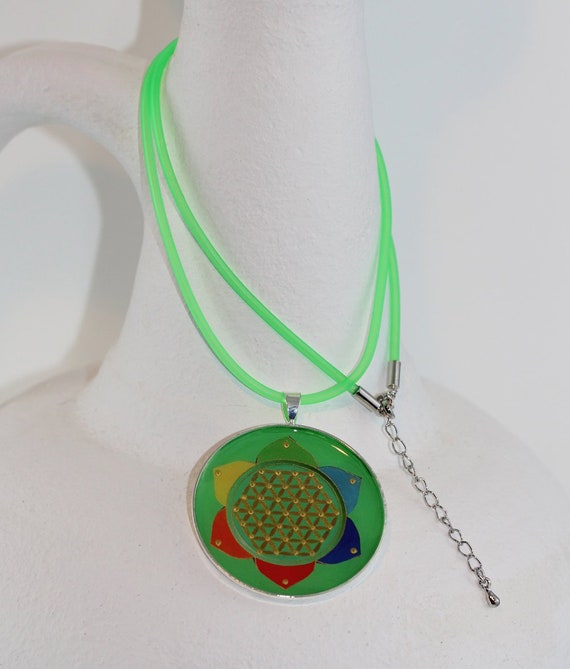 Bright Green Necklace Flower of Life, Sacred Geometry Jewelry in Chakra Colors, Colorful Positive Energy Good Vibes Symbol, Gift for Woman