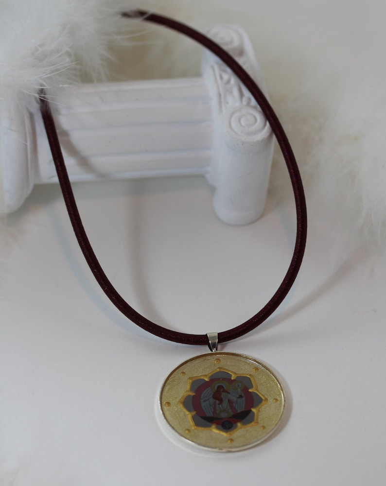 Hand Painted Archangel Azrael Pendant Jewelry and Gift Idea for Woman Elegant Angel Necklace in Beige Gold Pink with Brown Silk Cord