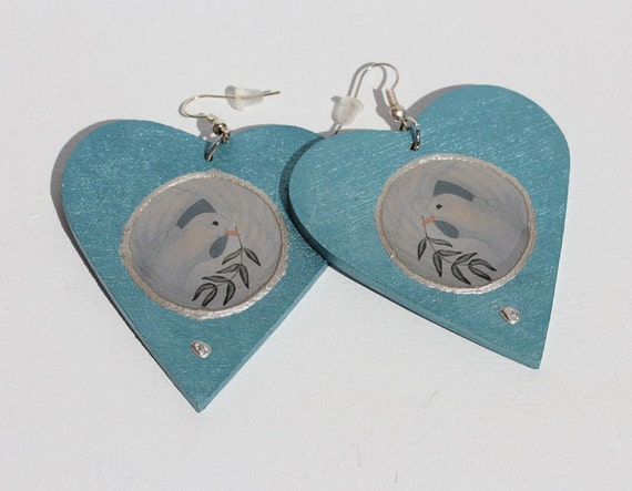 Romantic Heart Dangle Earrings, White Peace Dove Jewelry, Chunky Ear Hangers, Hand Painted Light Blue Wooden Chandeliers, Gift for Valentine