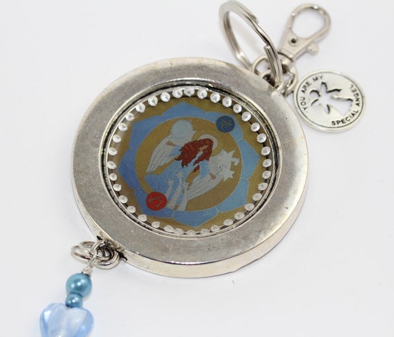 Archangel Gabriel Good Luck Charm, Angel with Heart for Purse or Keychain, Light Blue Key Fob with Tassel, Gift for Birthday or Housewarming