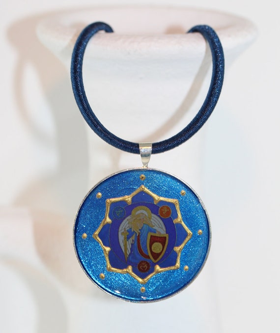 Archangel Michael in Lotus Flower in Round Pendant on Silk Cord, Royal Indigo Dark Blue Guardian Angel Jewelry and Gift Idea for Women