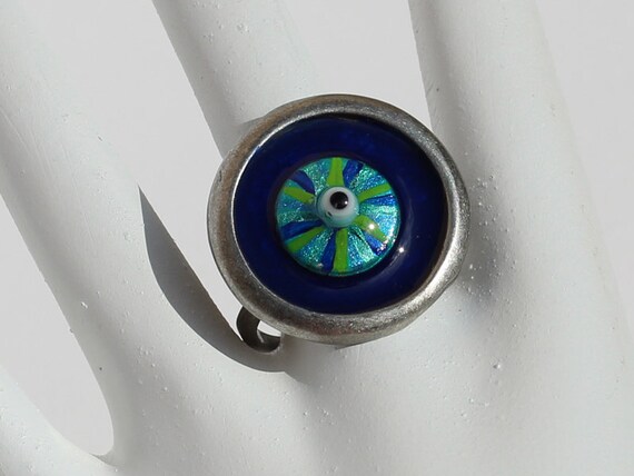 Ring with Mediterranean Good Luck Mati in Turquoise and Ocean Colors with Dark Blue, Hand Painted Evil Eye Jewelry and Gift for Her or Him