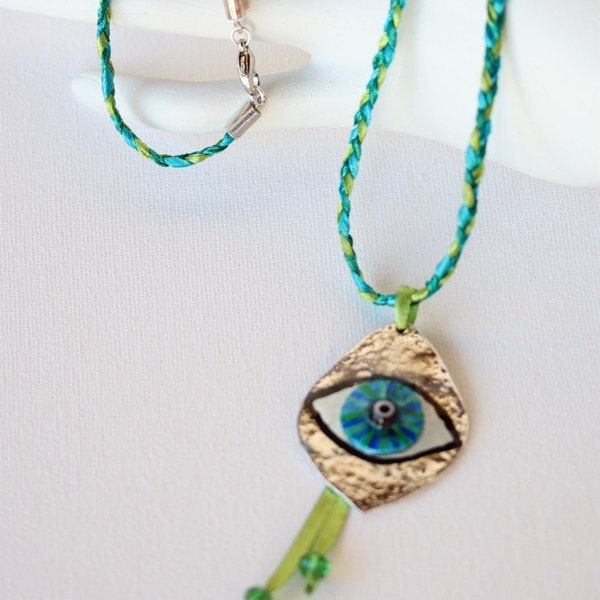 Lucky Charm Talisman Necklace with Hand Painted Mati on Soft Braided Silk Cord in Ocean Colors, Evil Eye Art Jewelry in Green Blue Teal Cyan