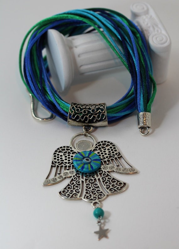 Decorative Angel Pendant Necklace with Teal Blue Green Mati Eye and Turquoise Gemstone on Silky Soft Cord in Ocean Colors, Unique Jewelry