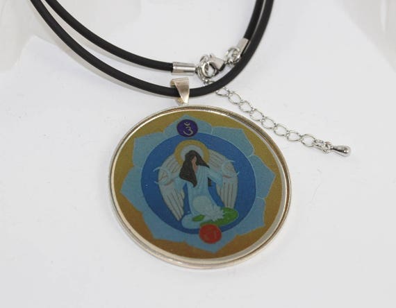 Necklace with Archangel Haniel Pendant on Black Rubber Cord, Moon Angel Jewelry in Light Sky Blue and Gift Idea for Women and Men