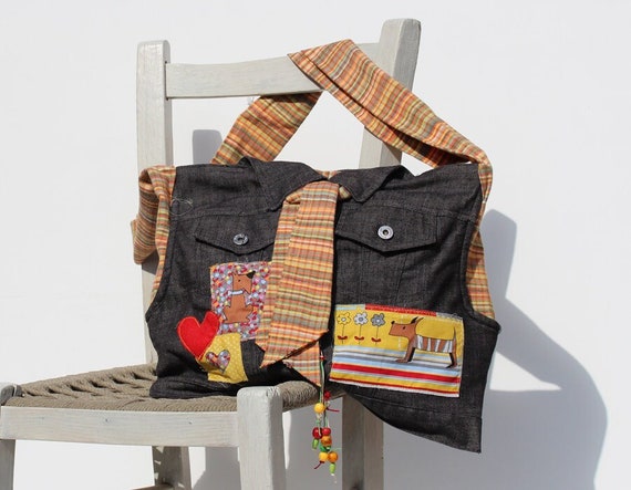 Unique Messenger Bag for Her with Funny Details, Colorful Upcycled Black Denim Shoulder Purse with Tie and Dog Comic Applications