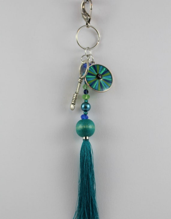 Unique Key Charm or Zipper Clasp with Mati and Tassel, Chunky Evil Eye Art for Purse, Good Luck Gift for New Year, Moving or Housewarming