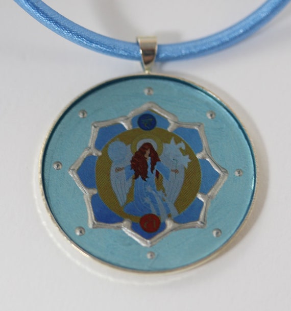 Light Sky Blue Necklace with Round Archangel Gabriel in Lotus Flower on Silk Cord, Angel of Creativity Jewelry and Gift Idea for Women
