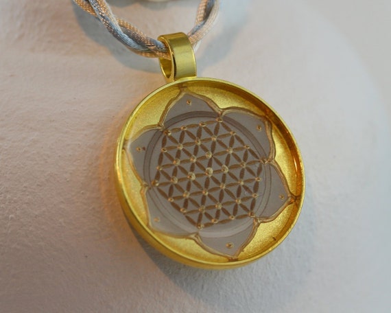 Flower of Life in Lotus Pendant in Creamwhite Gold on Soft Twisted Cord, Sacred Geometry Positive Vibes Boho Style Necklace, Gift for Woman