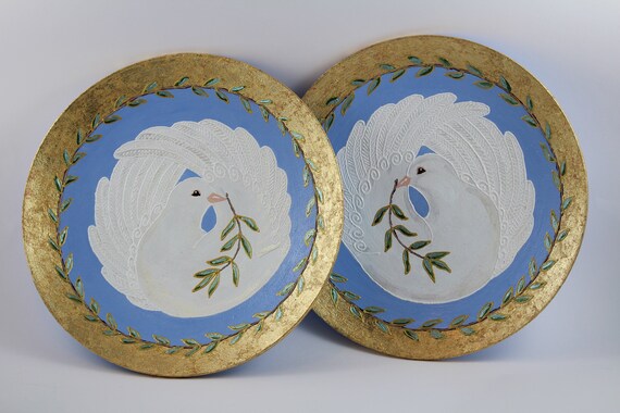 Set of 2 Wall Hanging Plates with Peace Doves in Olive wreath, Romantic Gilded and Hand Painted Home Decor in White Gold Blue, Wedding Gift