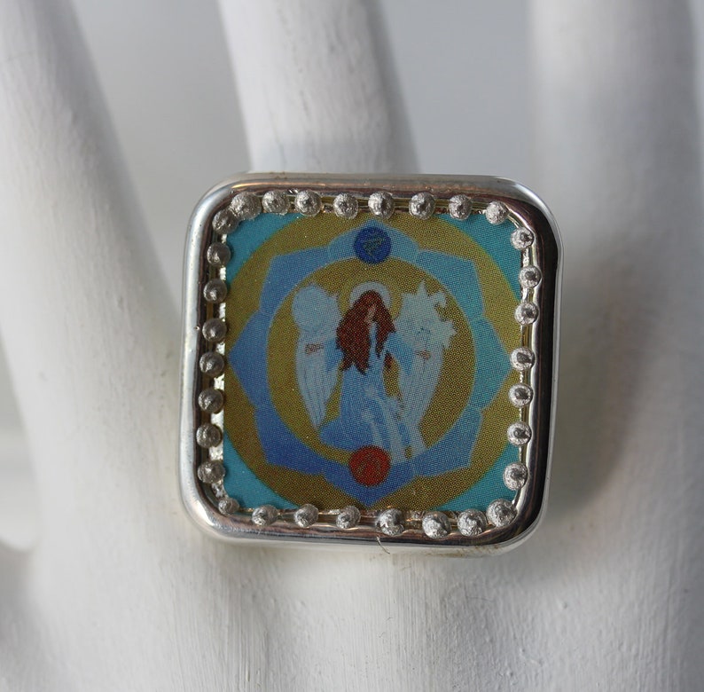 Angeloudia Ring 9-204 Gabriel Guardian Angel Archangel light sky blue angelic icon style lotos flower chakra jewellery