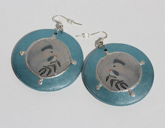 Chunky Round Earrings with Peace Dove, Unique Love and Hope Statement Jewelry in Mint Grey Blue, Wooden Discs with White Dove