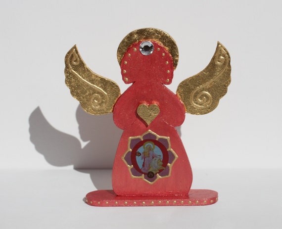 Wooden Happiness Angel Decoration in Bright Red Golden, Archangel Ariel Home Decor Figurine with Gilded Wings and Heart, New Beginning Gift