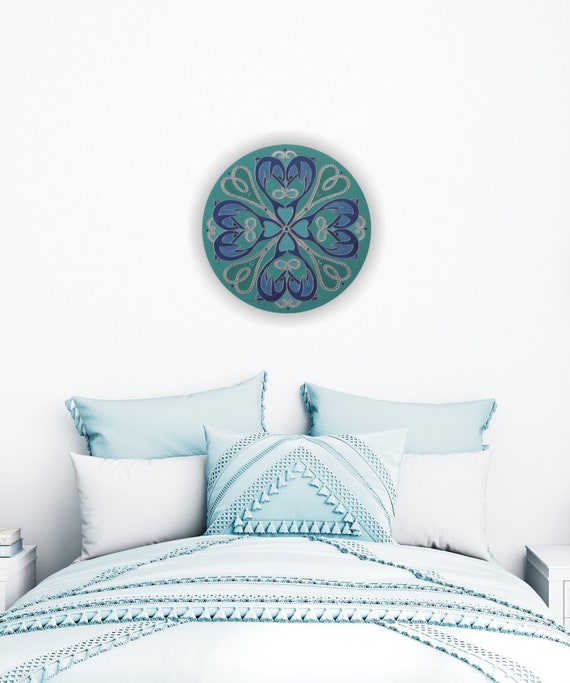 Turquoise Teal Blue Dolfin Mandala Wall Hanging, Original Round Art Painting with Dolphins, Hand Painted Coastal Home Decor with Ocean Vibes