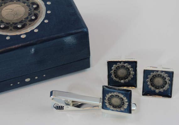 Cuff Link and Tie Clip Set for Men with Moon Mandala, Grey Blue Shirt and Suit Accessory Kit for Him, One of a Kind Gift Idea for Gentleman