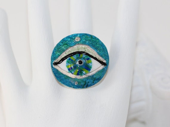 Ring in Teal Turquoise Blue Hand Painted with Mati Nazar, Mediterranean Evil Eye Art Good Luck Jewelry in Ocean Colors for Her