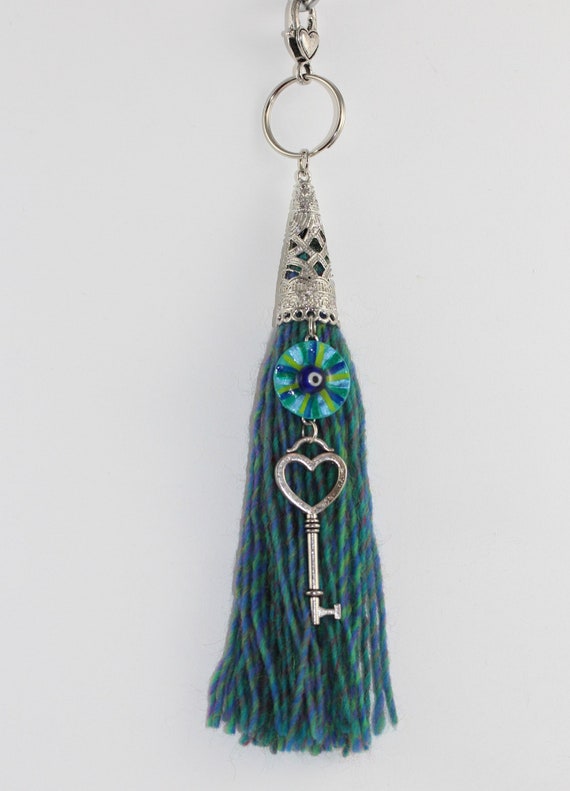 Romantic Heart Shaped Evil Eye Art Purse Charm, Tassel Key Fob or Zipper Clasp with Mati, Valentines Day or Housewarming Good Luck Gift