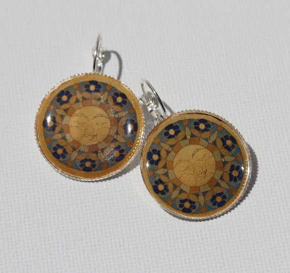 Earrings wirh Sun Circle Mandala in Yellow Blue Silver, Tribal Maya Folklore Round Ear Hangers, Boho Style Women Jewelry and Gift for Her