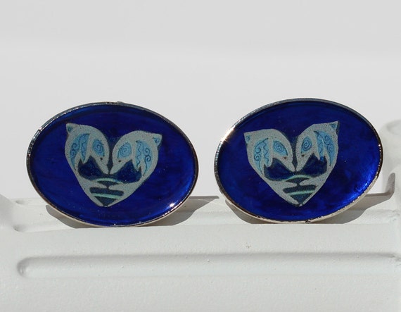 Royal Blue Cuff Links with Dolphin Couples in Oval Settings, Mens Suit Jewelry, Unique Shirt Accessory and Gift Idea for Him