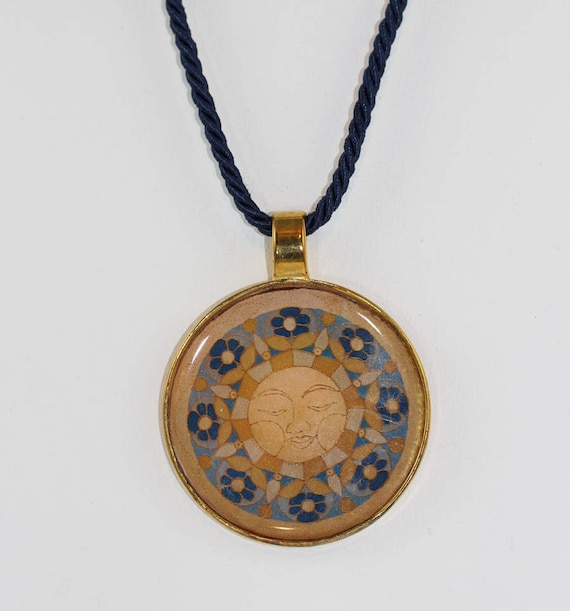 Necklace with Chunky Maya Style Sun Circle Pendant on Dark Blue Twisted Cord, Tribal Sunlight Mandala Jewelry and Gift Idea for Her or Him