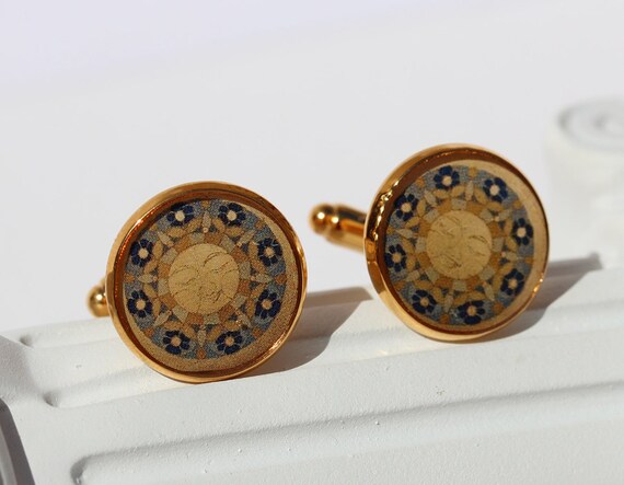 Festive Cuff Links with Sun in Golden Yellow Blue, Unique Jewelry for Men with Sunshine Mandala, Shirt Accessory and Gift Idea for Him