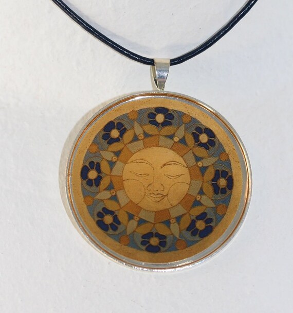 Necklace with Sun in Silver Plated Pendant on Leather Cord, Maya Inca Folklore Sunshine Mandala Women Men Jewelry, Gift for Him or Her