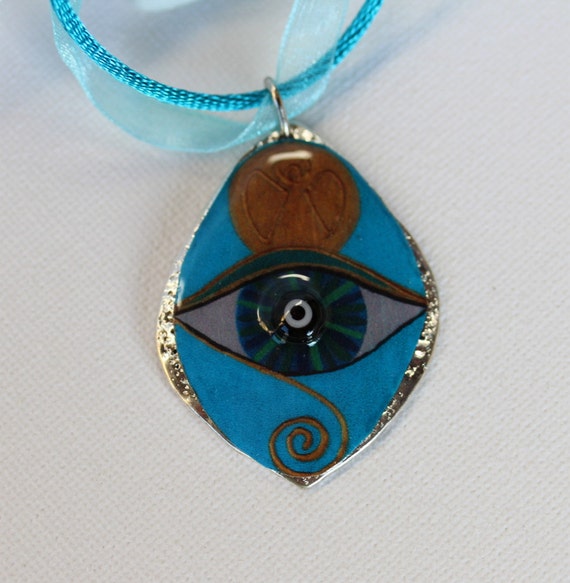 Good Luck Charm Necklace in Teal Blue with Talisman Mati Eye, Evil Eye art Jewelry for Her, Birthday Gift for Sister, Gift for Best Friend