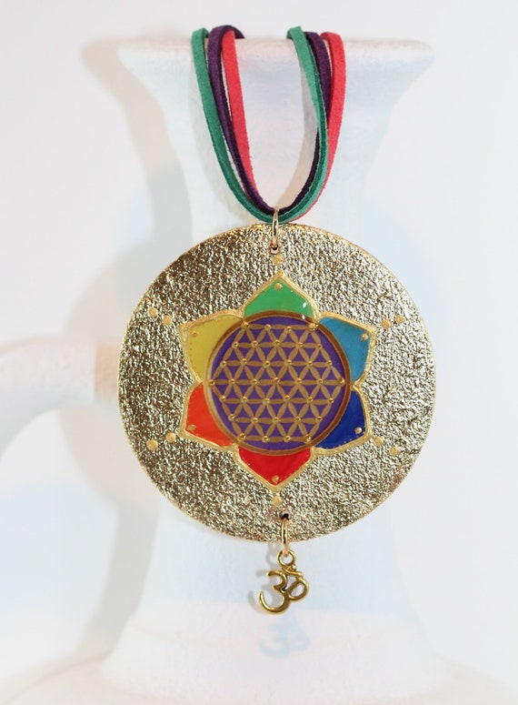 Gilded Necklace with Flower of Life and Om, Chunky Chakra Rainbow Colors Unique Positive Energy Spiritual Jewelry and Gift Idea for Woman