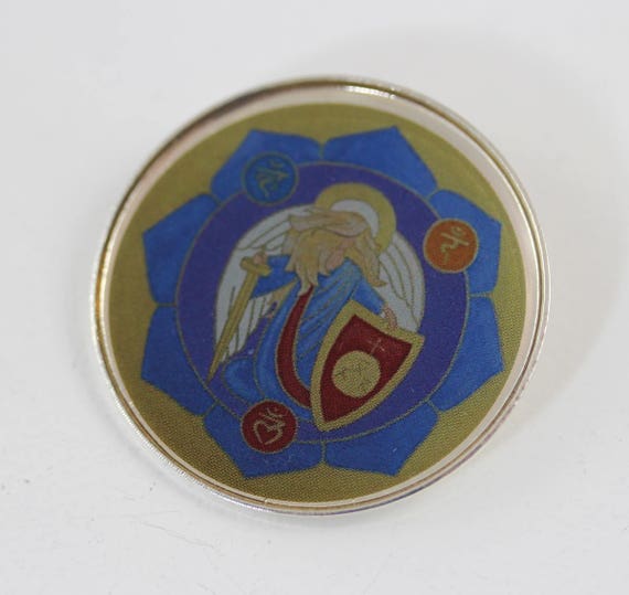 Silver Plated Round Brooch with Archangel Michael, Guardian Angel Good Luck Charm, Angelic Icon Jewelry in Dark Royal Indigo Blue