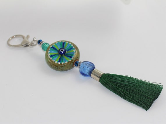Green Tassel Clasp with Teal Blue Mati Eye for Purse or Key, Hand Painted Good Luck Talisman Keychain, Greek Gouri Charm, Gift for New Year