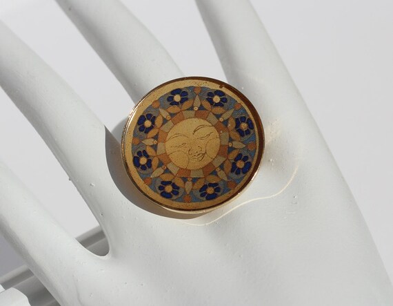 Chunky Ring with Sun in Yellow Gold Blue, Maya Inca Folklore Sunshine Mandala Ethno Style Woman Jewelry, Unique Artistic Gift for Her