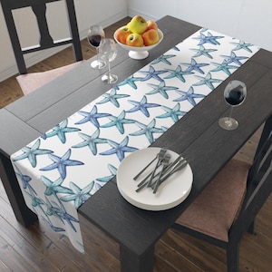 Seaside Starfish Table Runner, Ocean Nautical Vacation Cotton Sateen Table Runne Table Runner (Cotton, Poly)