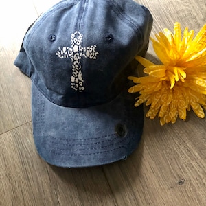 Leopard Cross, Vintage Style Ball Cap, Women’s Hat, Trendy Cap Cross Trucker Hat, Cute, Distressed, Baseball Cap