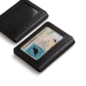 Cartera para tarjetas de cuero negro mate con ventana de identificación transparente en la parte posterior, billetera minimalista, billetera para tarjetas, billetera de cuero para hombre, billetera de bolsillo frontal