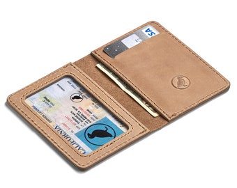 personalized minimalist beige vertical leather small thin bifold wallet. slim wallet. distressed leather credit card wallet. card holder